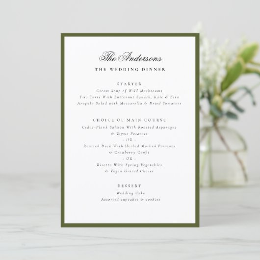 Green Frame Calligraphy Name Custom Wedding Dinner Menu (Staand voorkant)