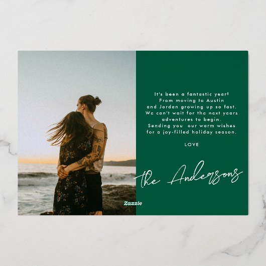 Green Frame Gold Brush Script Photo Christmas Folie Feestdagenkaart (Achterkant)