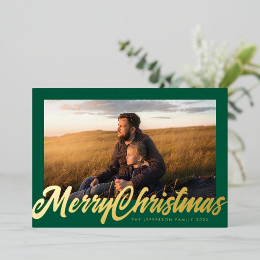 Green Frame & Gold Merry Christmas Photo Folie Feestdagenkaart (Staand Voorkant)