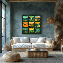 Green Framed Desert Art Grid – Levendige geometris Perfect Poster