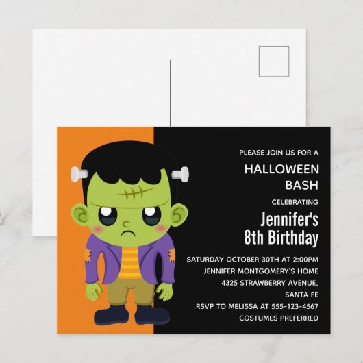 Green Frankenstein Monster Halloween Birthday Uitnodiging Briefkaart (Voorkant / Achterkant)