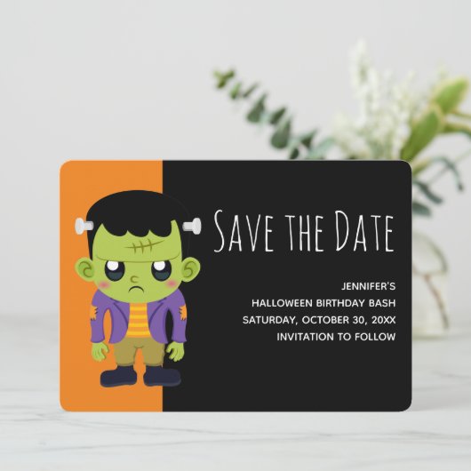 Green Frankenstein Monster Halloween Save The Date (Staand voorkant)