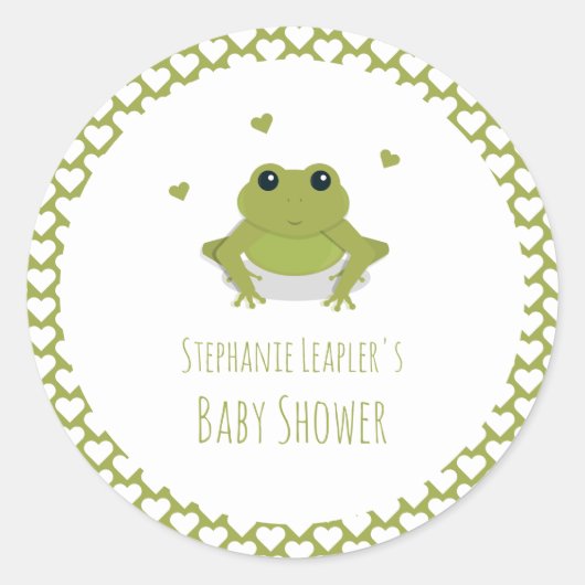 Green Frog Hearts Naam Baby shower Ronde Sticker (Voorkant)