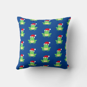 Green Frog Santa Hat Cartoon Pattern Novelty Blue Kussen