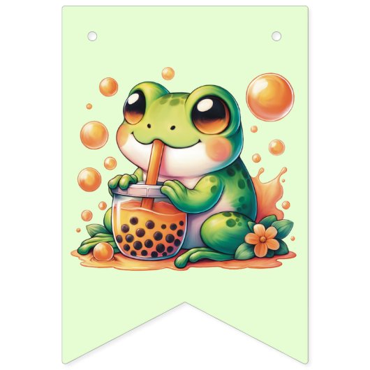 Green Frog Sinaasappel Boba Bubble Tea Happy Birth Vlaggetjes (Eerste vlag)