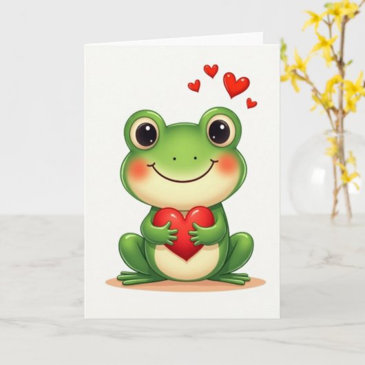 Green Frog Valentines Day Card Kaart (Gele Bloem)