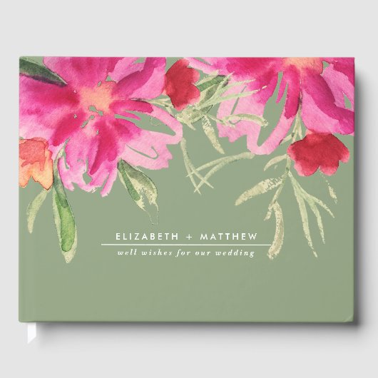 Green Fuchsia Floral Waterverf Wedding Gastenboek (Voorkant)