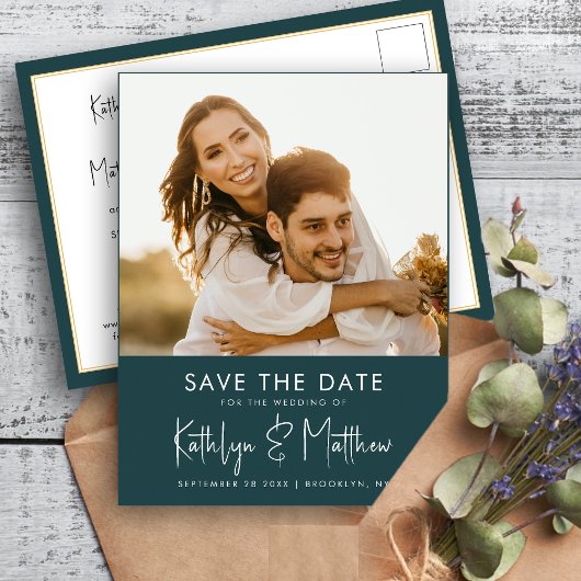 Green Fun Script Modern Photo Minimalist Wedding S Aankondigingskaart