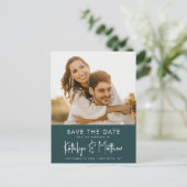 Green Fun Script Modern Photo Minimalist Wedding S Aankondigingskaart (Staand voorkant)
