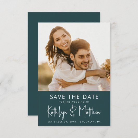 Green Fun Script Modern Photo Minimalist Wedding Save The Date (Voorkant / Achterkant)