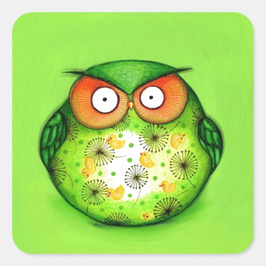 Green Funny Owl Vierkante Sticker (Voorkant)