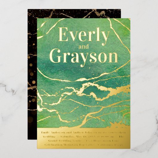 Green Galaxy Agate Marble Gold Wedding Folie Uitnodiging (Voorkant / Achterkant)