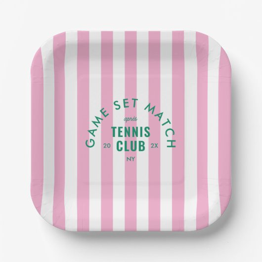 Green Game Set Match Après Tennis Club Pink Stripe Papieren Bordje (Voorkant)