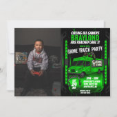 Green Game Truck Birthday Party Photo Invitation Kaart (Voorkant)
