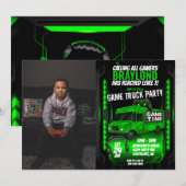 Green Game Truck Birthday Party Photo Invitation Kaart (Voorkant / Achterkant)