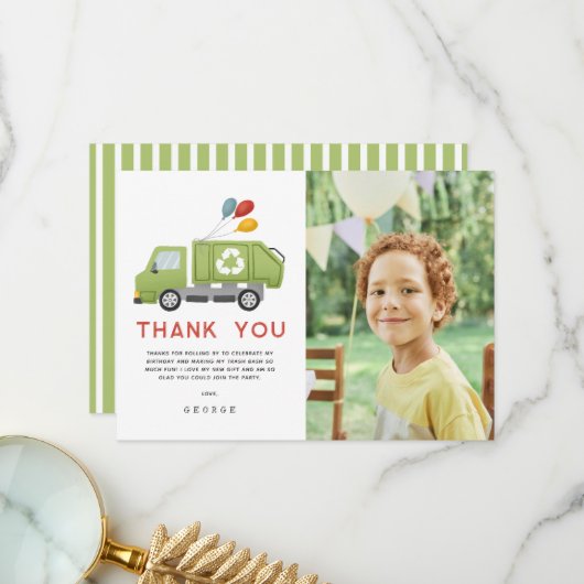 Green Garbage Trash Truck Boys Birthday Bedankkaart (Voorkant / Achterkant in situ)
