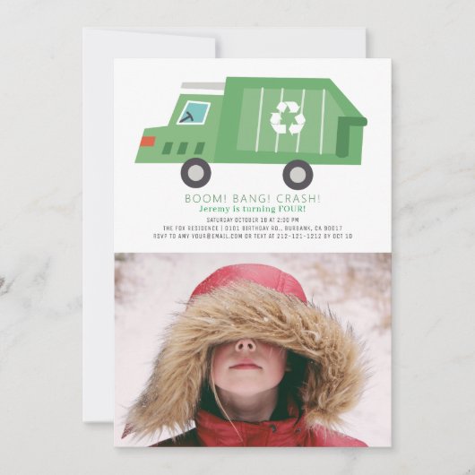 Green Garbage Truck Recyclen Boy Photo Birthday Kaart (Voorkant)