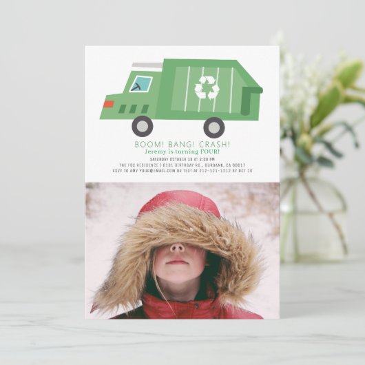 Green Garbage Truck Recyclen Boy Photo Birthday Kaart (Staand voorkant)