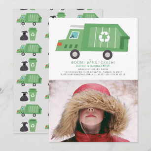 Green Garbage Truck Recyclen Boy Photo Birthday Kaart