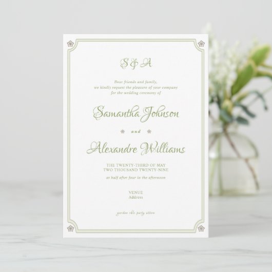 Green Garden Minimalist Script Wedding Ceremony Kaart (Staand voorkant)