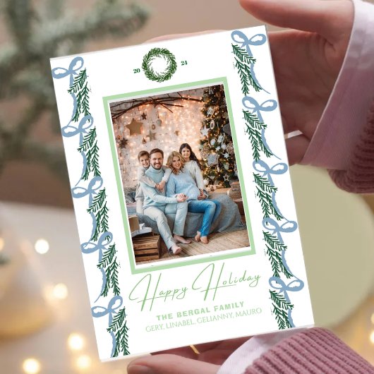 Green Garland with Blue Bow With and a Ornament Feestdagenkaart