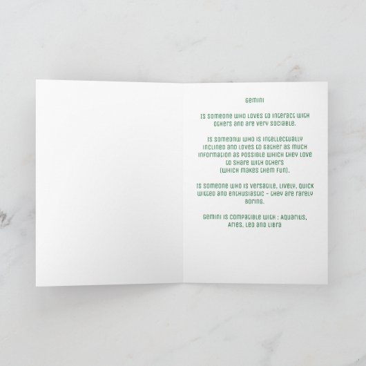 Green Gemini Sign Birthday Kaart (Binnen)