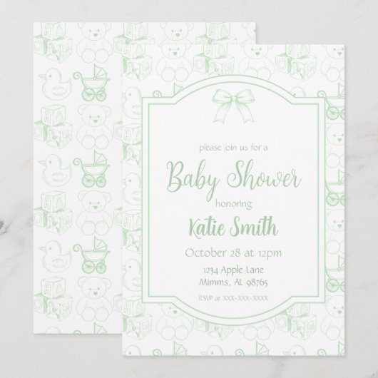 Green Gender Neutral Baby shower Invitation Kaart (Voorkant / Achterkant)