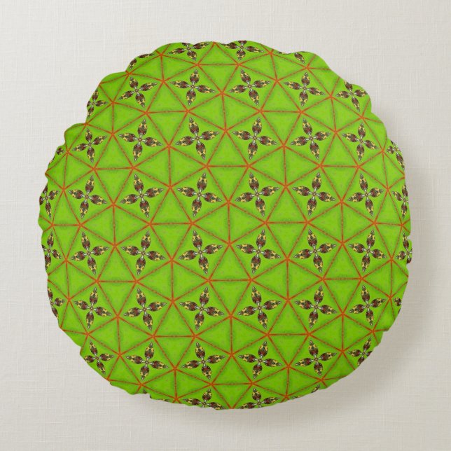 Green Geometric Floral Pattern Round Pillow Rond Kussen (Voorkant)