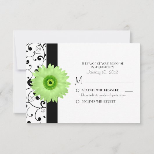 Green Gerbera Daisy met Black Scroll Design RSVP Kaartje (Voorkant)