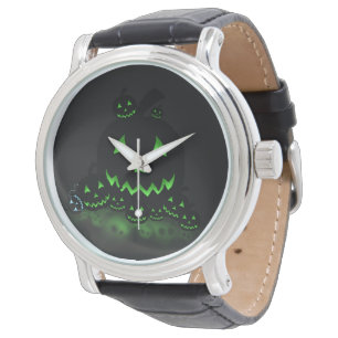 Green Ggloing Black Halloween Jack O Lantern Horloge