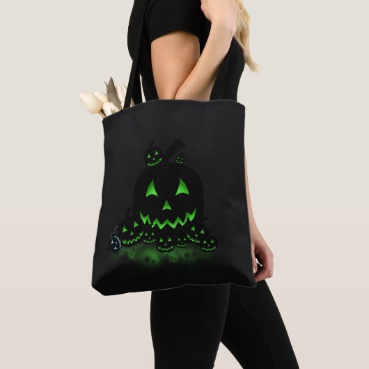 Green Ggloing Black Halloween Jack O Lantern Tote Bag (Dichtbij)
