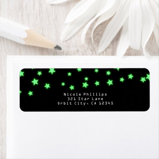 Green Ggloing Stars Birthday Party Invitation Etiket (Insitu)