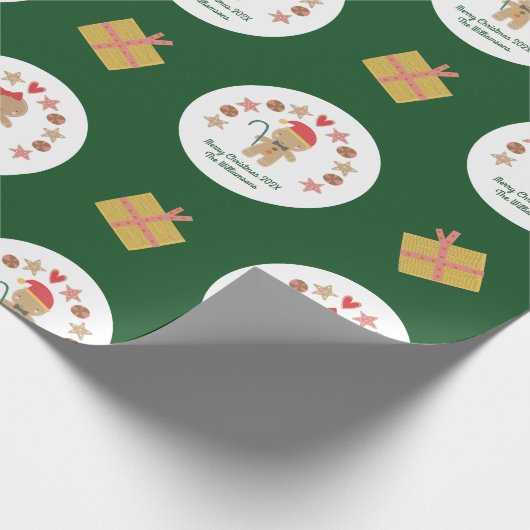 Green Gingerbread Cookie Custom Name Script Fun Cadeaupapier (Hoek)
