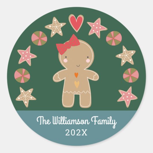 Green Gingerbread Girl Holiday Cookie Modern Schat Ronde Sticker (Voorkant)