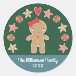 Green Gingerbread Girl Holiday Cookie Modern Schat Ronde Sticker