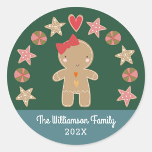 Green Gingerbread Girl Holiday Cookie Modern Schat Ronde Sticker