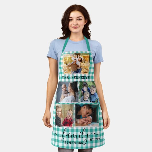 Green Gingham 5 Foto Collage Family Quote Name Schort (Gedragen)