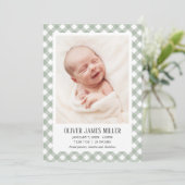 Green Gingham Baby Geboortekaart Fotokaart Aankondiging (Staand voorkant)