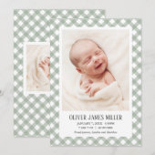 Green Gingham Baby Geboortekaart Fotokaart Aankondiging (Voorkant / Achterkant)