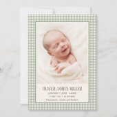 Green Gingham Baby Geboortekaart Fotokaart Aankondiging (Voorkant)