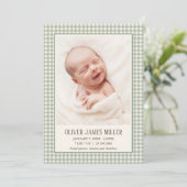 Green Gingham Baby Geboortekaart Fotokaart Aankondiging (Staand voorkant)