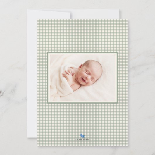 Green Gingham Baby Geboortekaart Fotokaart Aankondiging (Achterkant)
