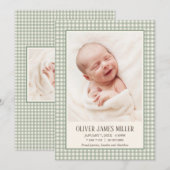 Green Gingham Baby Geboortekaart Fotokaart Aankondiging (Voorkant / Achterkant)
