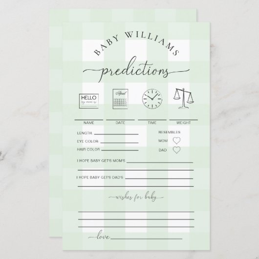 Green Gingham Baby Predictions Game (Voorkant / Achterkant)