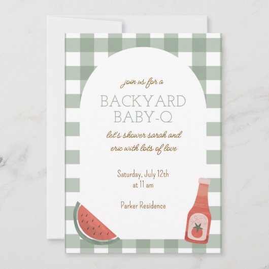 Green Gingham Baby-Q Baby Shower Invitation Kaart (Voorkant)