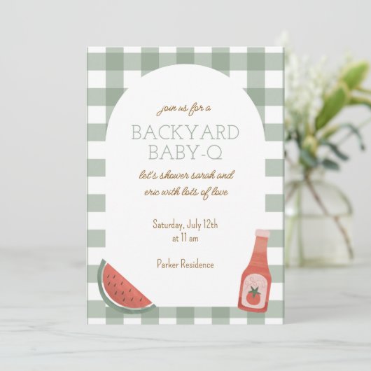 Green Gingham Baby-Q Baby Shower Invitation Kaart (Staand voorkant)
