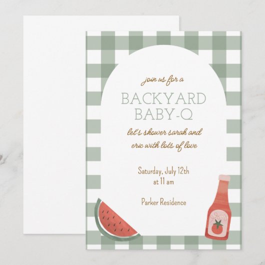 Green Gingham Baby-Q Baby Shower Invitation Kaart (Voorkant / Achterkant)