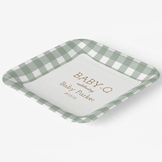 Green Gingham Baby-Q Square Plate 2 Papieren Bordje (Gebogen)
