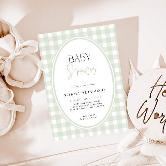 Green Gingham Baby Shower Invitation Kaart