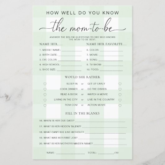 Green Gingham Baby shower kent het mama-to-be-spel (Voorkant)